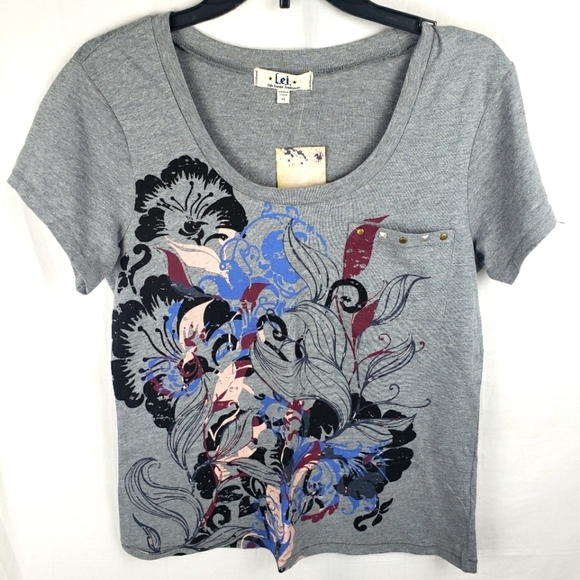 NWT LEI Women's Gray Floral Studded T-Shirt Sz Juniors XL - Picture 1 of 8
